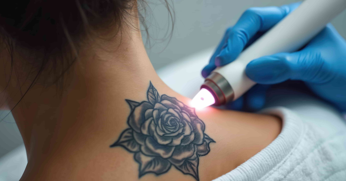 Woman undergoing laser tattoo lightening procedure in Raleigh, NC on her shoulder with a professional technician