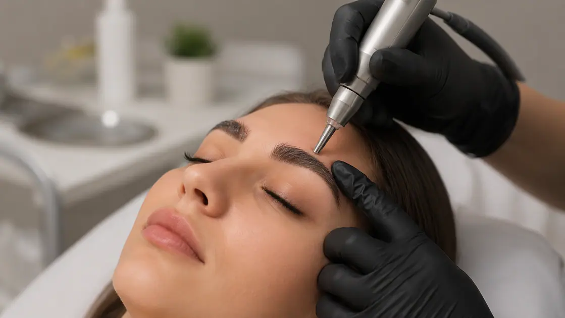Woman receiving cosmetic tattoo removal laser treatment on eyebrow