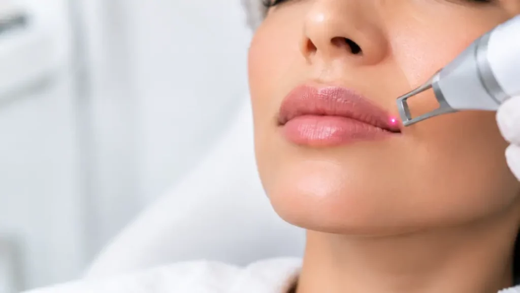 Close-up of a woman receiving professional laser lip blush tattoo removal treatment in a clean medical aesthetic clinic.